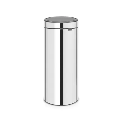 A tall, cylindrical, silver trash can with a gray lid, shown against a white background.