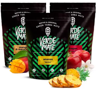 Produktbild von Verde Mate - Mate Tee Set Mango Maracuya, Ananas, Dragon 3x500g - Dicke Blätter 5mm - mit Mango, Ananas, Drachenfrucht - Fruchtig - Brasilien