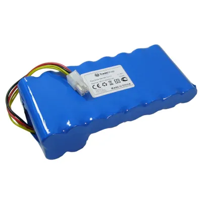 A blue battery pack with wires and a label.