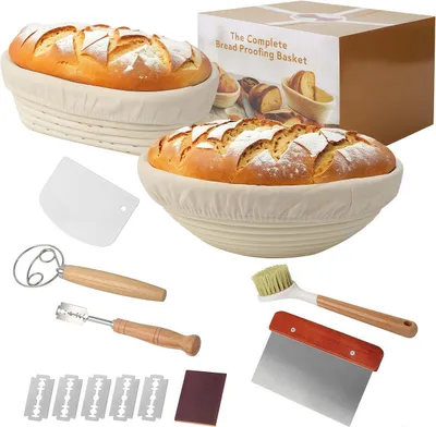 Produktbild von Brot Gärkorb Set, Gärkörbchen zum Brotbacken, 23cm Rund & 25cm Oval Brotkörbchen, 100% natürlichem Rattan - Professionelles Brotbackzubehör