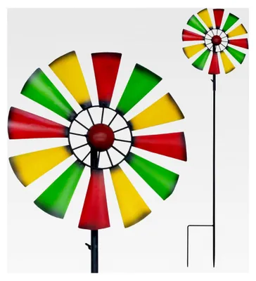 Produktbild von Buntes Metall-Windrad mit Erdspieß - 126 cm x 33 cm - Gartenstecker Windspiel für Terrasse und Garten - Deko Blumenstecker Beetstecker Windmühle wetterfest