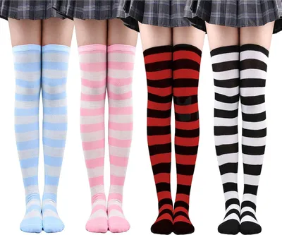 Produktbild von 4 Paar Gestreifte Overknees Strümpfe Damen Baumwolle Multicolor Damen Extra Lange Socken Über Knie Thigh High Socks Long Gestreifte Lange Socken Beinwärmer für Wärme