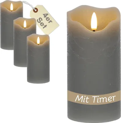 Produktbild von 4er Set LED Echtwachskerzen mit Timer Led Kerzen mit Timerfunktion und flackernde Flamme Led Echtwachs Stumpenkerzen flackernd 7,5 x 15 cm Grau