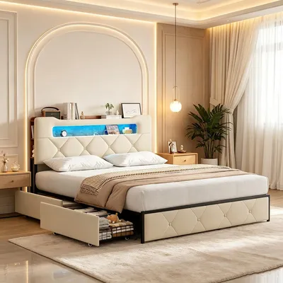 Obrázok produktu pre Postel 160 x 200 cm s LED osvetlením a USB portami, čalúnená dvojlôžková posteľ so 4 zásuvkami, čalúnená posteľ s veľkým úložným priestorom, rám postele, posteľ pre mládež, béžová farba