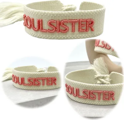 Produktbild von LS-LebenStil Canvas Statement Armband Soulsister Ecru Rose besticktes Stoffarmband gewebt textiles Quasten Spruch Boho Geschenk Freundschaftsarmband