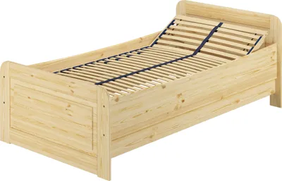 A single wooden bed frame with a slatted base, shown from a diagonal angle against a white background.