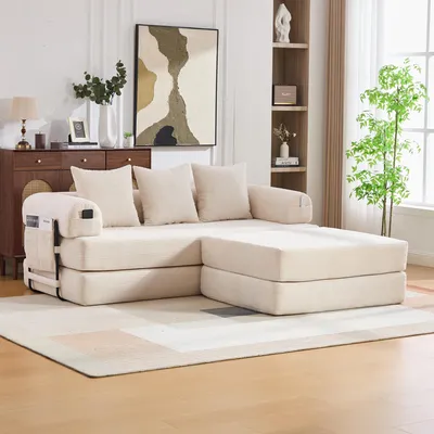 Obrázek produktu pro okwish Třímístná pohovka modulární sofa s taburetem a boční kapsou rozkládací pohovka obývací pohovka se 3 pohodlnými polštáři lounge pohovka s robustním kovovým rámem volně kombinovatelné béžová