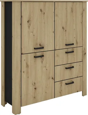 Produktbild von byLIVING Higboard FARO / Artisan Eiche -Optik, Absetzung in schwarz / Stollenoptik / 3 Türen und 3 Schubkästen / verstellbare Einlegeböden / viel Stauraum / Sideboard / Kommode / Maße: B 160, H 84, T 40 cm