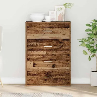 A wooden dresser with five drawers is shown in a room with a plant and some decorative items on top.