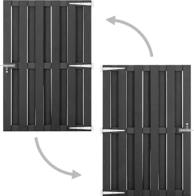 Two images of a dark gray garden gate, showing its movement.