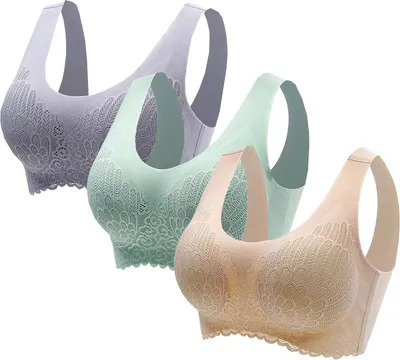 Produktbild von ASKSA Damen 3PC BH Ohne Buegel Push up Sport bhs Gepolstert Spitzen Bustier Nahtlos Stretch Bra Comfit Yoga bh, 02 Grau+gruen+khaki, Groesse: 4XL