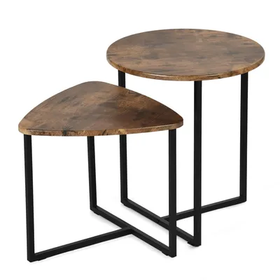 Produktbild von Meubles Cosy 2er-Set verschachtelbare Couchtische im Vintage Industrial Stil aus schwarzem Metall und Holz Nachbildung – LAYA