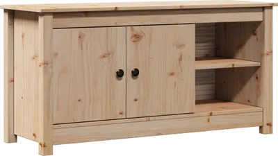 A light-colored wooden TV stand with two cabinet doors and an open shelving unit.