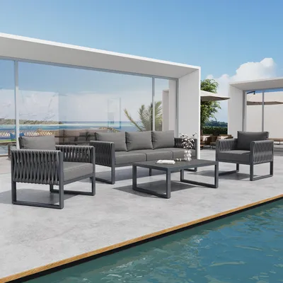 Produktbild von STILVORA Gartenmöbel-Set 5-Sitzer mit rostfreiem Metallgestell und verstellbaren Füßen, Outdoor-Sofa mit hochdichten Sitzkissen für optimalen Komfort, Gartenlounge-Set wetterfest mit langlebigen Seilen Grau
