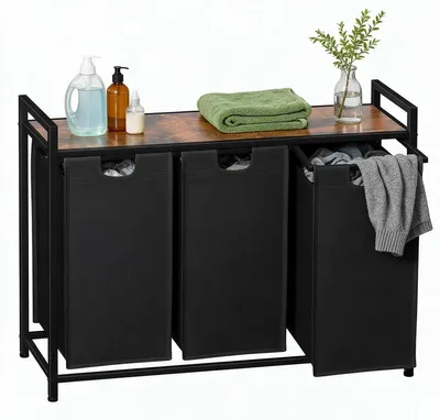 Produktbild von Wäschesortierer Wäschekorb Wäschesack - Ausziehbar - 3 x 38 L - Mit Ablage - Schwarz