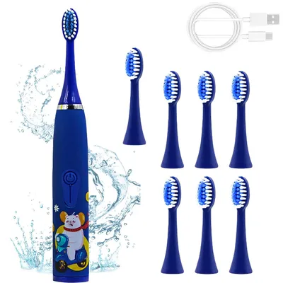 Image de Brosse à dents électrique pour enfants, brosse à dents électrique pour enfants, 8 têtes de brosse de rechange souples, minuterie intelligente de 2 minutes, étanche IPX6, pour les dents sensibles des bébés (bleu foncé)