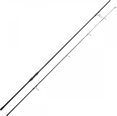 A black fishing rod is shown against a white background.