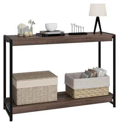 Obrázek produktu pro Úzká toaletní komoda, šířka 100 cm, s dolní zásuvkou, lamelo-design, konferenční stolek do loftového stylu, barva: tmavý ořech / tmavý buk
