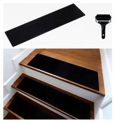 Produktbild von Moderne Treppenstufenmatten 15er Set, 75x20 cm Filz selbstklebend | Teppich für Treppenstufen schwarz