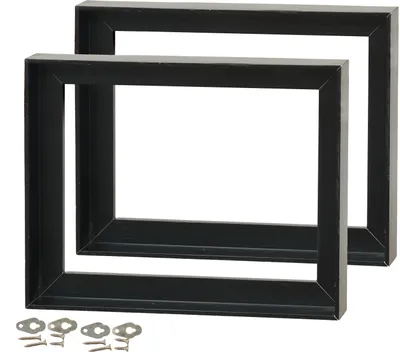 Two black rectangular frames are shown against a white background, with four small metal mounting brackets and screws in the bottom left corner.