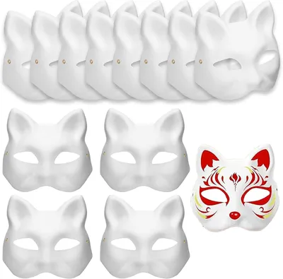 Productafbeelding van Kattenmaskers - Set van 12 - Therian masker - Vossenmasker - Wit doe-het-zelf maskers om te beschilderen - Doe-het-zelf papieren masker