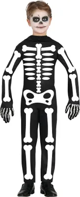 Produktbild von Skelett Halloween Jumpsuit Kinder Kostüm Knochendesign Dunkel Abenteuer Grusel Spaß Kreativ Outfit, Größe: 128/134 Farbe: Schwarz
