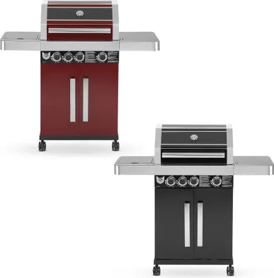 Produktbild von BBQ CHIEF Gasgrill 6.0 - 3 Edelstahl Brenner, Seitenbrenner, 10,5 kW, Gusseisen Grillrost, Deckel, Thermometer, Rollen, Schwarz/Rot - Grill, Grillwagen, Grillstation für Camping, Balkon, Garten (Schwarz)