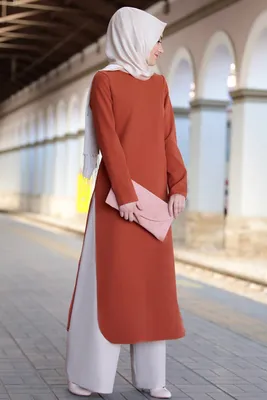 Produktbild von Abendkleid Zweiteilges Outfit Tunika & Hose Lang Hijab Ziegelfarbe 38 Tesettür S-948