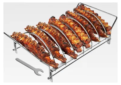 Produktbild von Rippenständer für den Grill | Edelstahl Grillrost für Steaks - Klappbares, rostfreies Grillzubehör für Schweinefleisch, Geflügel und Rind