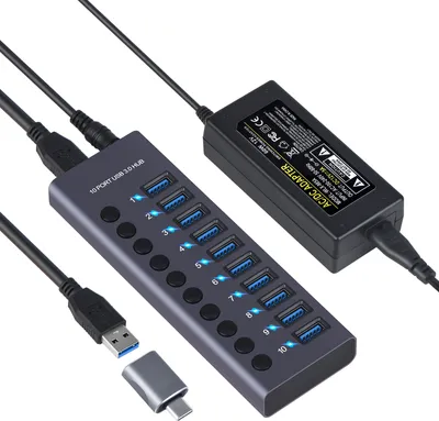 Produktbild von Adapter koncentratora 10-portowy rozdzielacz USB 3.0 HUB wieloportowy z przełącznikiem 300 MB/s szybki transfer, zasilanie 12 V 5 A do laptopa, komputera PC, smartfona, tabletu, klawiatury, myszy, pamięci flash, wentylatora USB, lampy
