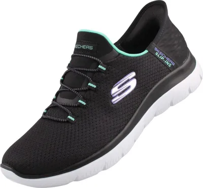 A studio shot of a single black Skechers sneaker.