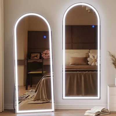 Produktbild von Bogen Ganzkörperspiegel mit Beleuchtung, LED Wandspiegel Groß, Standspiegel mit Licht, Bogenspiegel mit 3 Farbmodi Dimmbar, LED Spiegel für Schlafzimmer, Wohnzimmer (Weiß)