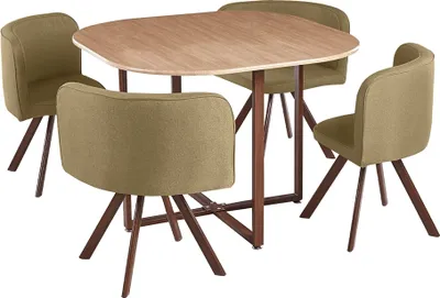 A dining set with a table and four chairs on a white background.
