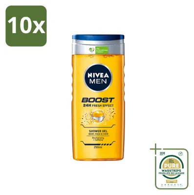 Zdjęcie produktu dla 10 sztuk żelu pod prysznic NIVEA MEN Boost, pojemność 250 ml, zestaw ekonomiczny