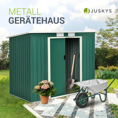 Produktbild von Juskys Metall Gerätehaus M mit Pultdach, Schiebetür & Fundament - 4m³ - Grün