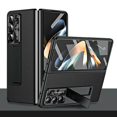 Immagine prodotto di Custodia per Samsung Galaxy Z Fold 5 Custodia rigida in PC con texture litchi, supporto, protezione dello schermo e protezione dell'obiettivo nero