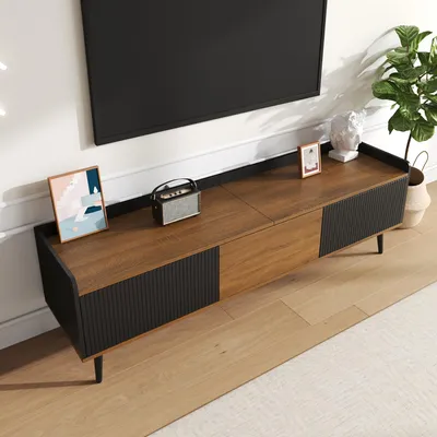 Image de okwish Meuble TV design coloré, structure compacte, finition bois naturel, 3 portes – noir + naturel