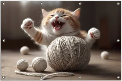 Produktbild von Wallario Outdoor-Poster für Garten oder Balkon, Motiv Katze mit Wollknäuel, in ca. 80 x 120 cm