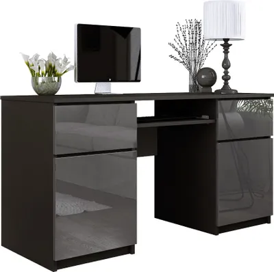 Obrázok produktu pre Stôl: 2 zásuvky, matná čierna / lesklá sivá, 135 x 77 x 50 cm
