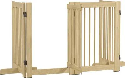 Produktbild von Absperrgitter Hund 4-teilig, 204 x 75 cm Faltbar Türschutzgitter mit Tür, Freistehend Hundegitter mit 2 Stützfüßen, Treppengitter aus Holz für Flur, Küche, Treppe, Natur