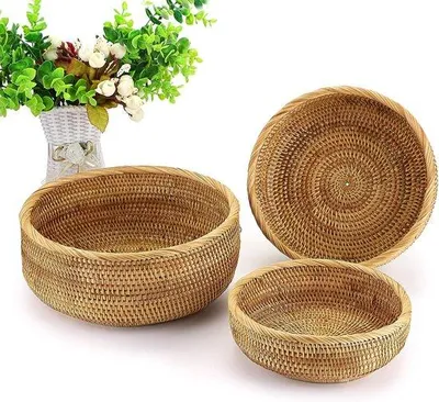 Immagine prodotto di 3 cestini rotondi in rattan marrone per cucina, bagno e camera da letto