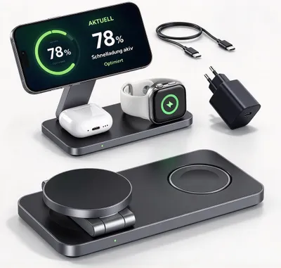 Produktbild von 3-in-1 Magnetische Ladestation für iPhone, Apple Watch und AirPods, Faltbares MagSafe-kompatibles Wireless Ladegerät mit 15W