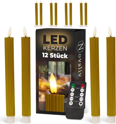 Produktbild von Stabkerzen LED mit Timer GOLD 12 Stück indoor 6 Stunden ECHTWACHS gerippt 23cm Höhe für Kerzen 2,2cm Durchmesser 2 AAA Batterien notwendig LED Stabkerzen 2er Set GOLD (drei Mal) bewegliche Flamme