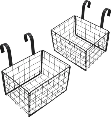 Two black wire hanging baskets are shown against a white background.