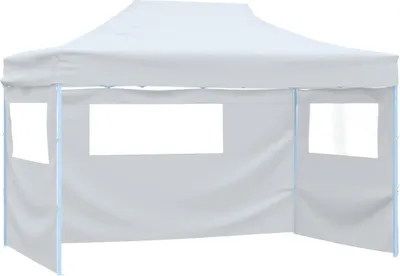 A white pop-up party tent with four side panels, each featuring a clear window.
