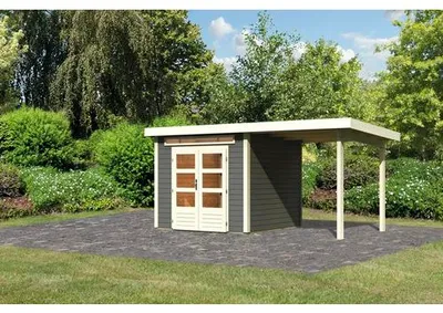 Produktbild von Gartenhaus Karibu Skandi 3 inkl. Anbaudach 2,35 m 495 x 273 cm terragrau