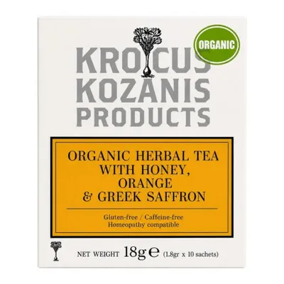 Krocus Kozanis Bio Kräutertee Honig Orange Safran 18 g Verpackung auf Weiß