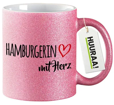 Produktbild von Huuraa Glitzertasse Hamburgerin mit Herz 330ml Pink Keramik Kaffeebecher Geschenkidee