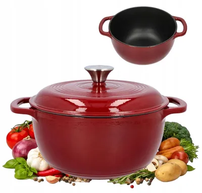 Image de Casserole en fonte émaillée de 5,8 litres, faitout de couleur bordeaux, compatible avec les plaques à induction et les cuisinières à gaz