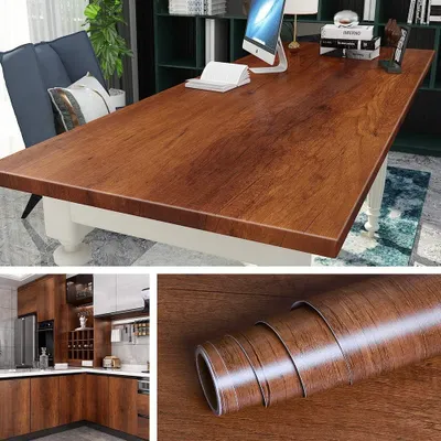 A collage of images showing a wooden desk, a kitchen interior, and a roll of wood-grain contact paper.